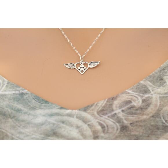 Sterling Silver Paw Print Charm with Heart and Wings Necklace - Picture 1 of 5